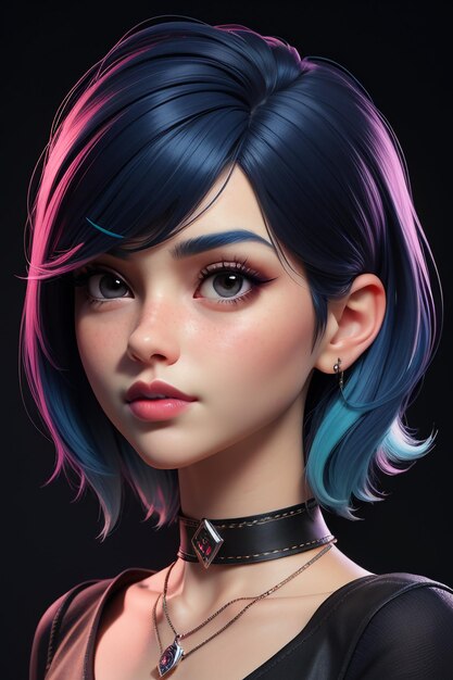 Exquisite facial features cartoon anime blue purple hair beautiful girl avatar game character