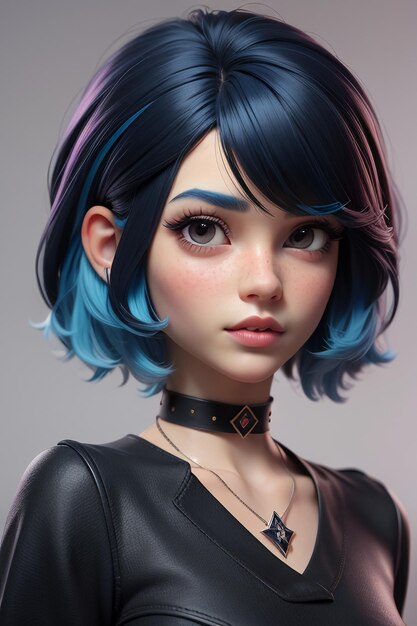 Exquisite facial features cartoon anime blue purple hair beautiful girl avatar game character