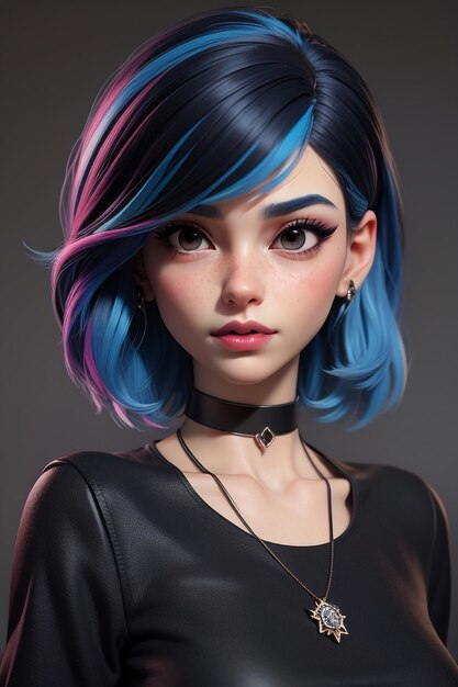 Exquisite facial features cartoon anime blue purple hair beautiful girl avatar game character