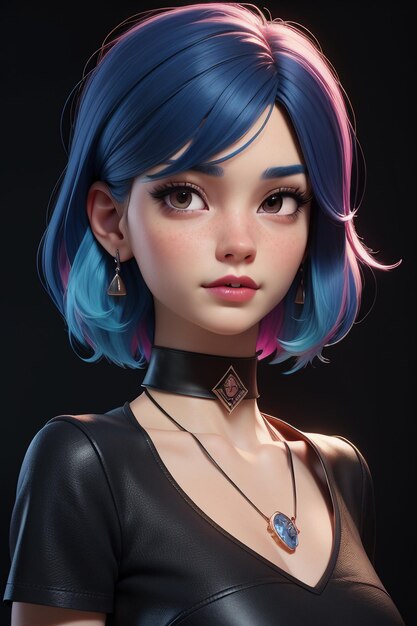 Exquisite facial features cartoon anime blue purple hair beautiful girl avatar game character