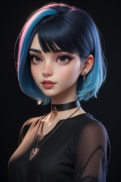 Exquisite facial features cartoon anime blue purple hair beautiful girl avatar game character