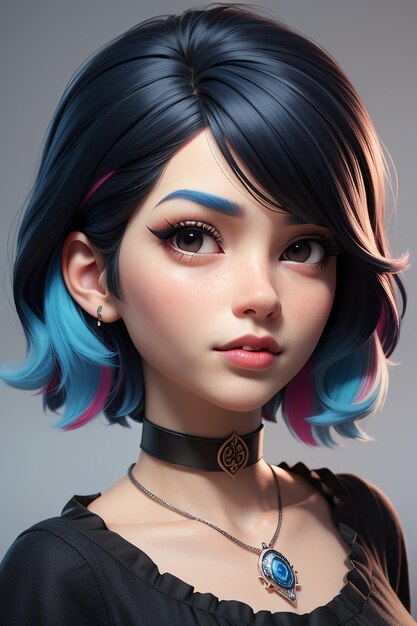 Exquisite facial features cartoon anime blue purple hair beautiful girl avatar game character