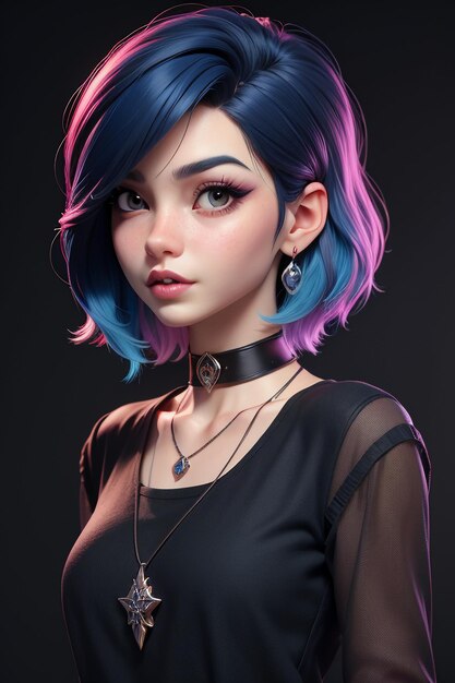 Exquisite facial features cartoon anime blue purple hair beautiful girl avatar game character