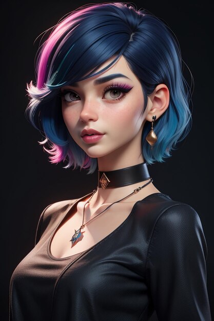 Exquisite facial features cartoon anime blue purple hair beautiful girl avatar game character