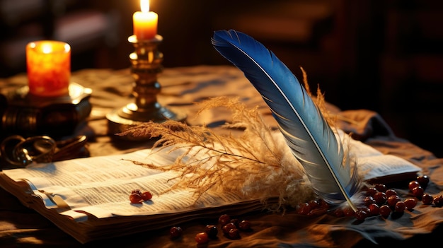 An exquisite feather quill sitting on an old piece of parchment on a table