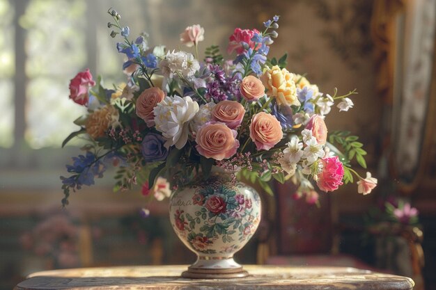 Exquisite floral bouquet arranged in a vintage vas