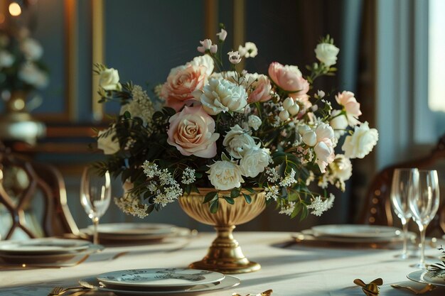 Foto squisito ornamento floreale su un tavolo da pranzo