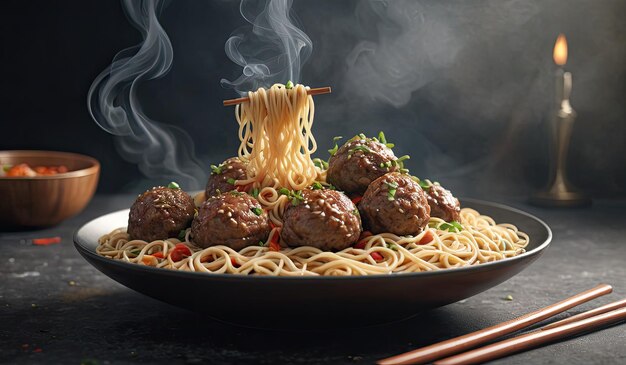 Photo exquisite food art of meatballs with noodles captured in stunning food photography generated by ai