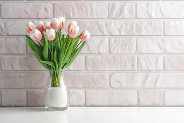 Exquisite Glass Vase with Bouquet of Beautiful Tulips on White Brick Wall Background Created with Ge