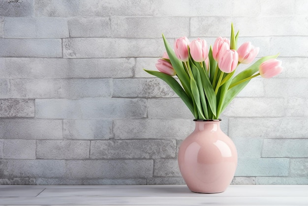 Exquisite Glass Vase with Bouquet of Beautiful Tulips on White Brick Wall Background Created with Ge