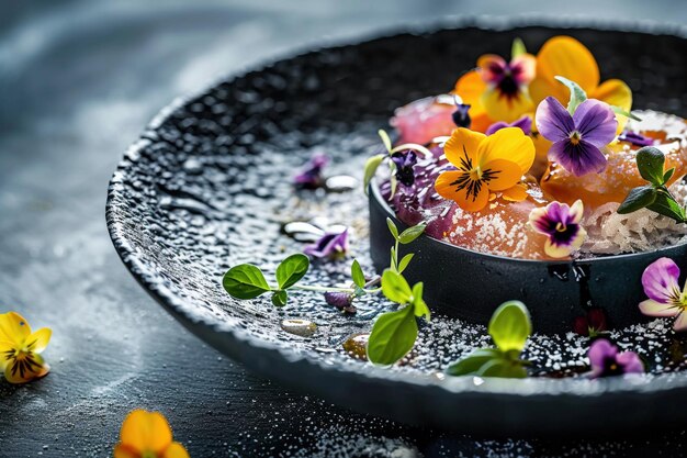 An Exquisite gourmet dish with glazed food and edible flowers