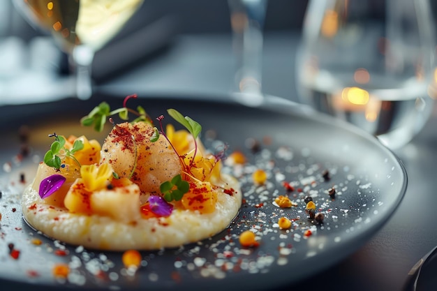 写真 優雅なダイニングセットアップで食用の花が付いた美味しいグルメのエビ料理