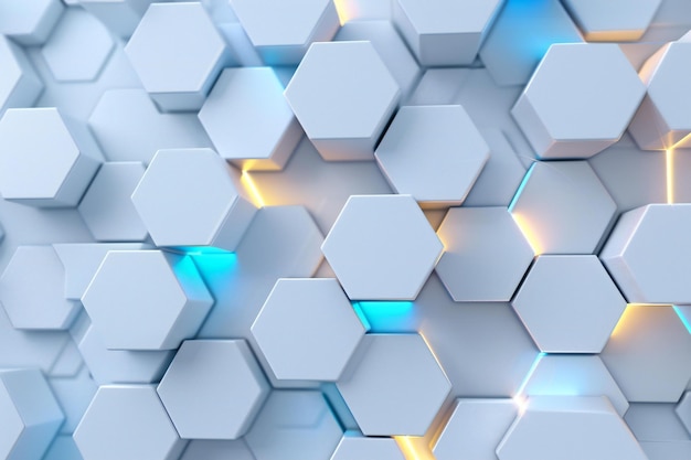 Exquisite graphic highlighting ing of white and blue hexagons background with glowing light