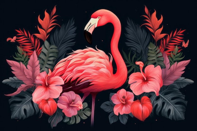 Photo exquisite handdrawn flamingo bird amidst tropical flora ar 32