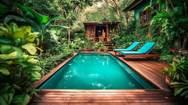 An exquisite image of a garden villa pool providing an inviting and tranquil oasis for a luxurious summer escape