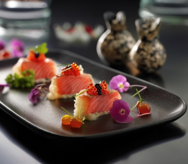 Exquisite Japanese Fusion Sushi Rolls Caviar and Flowers