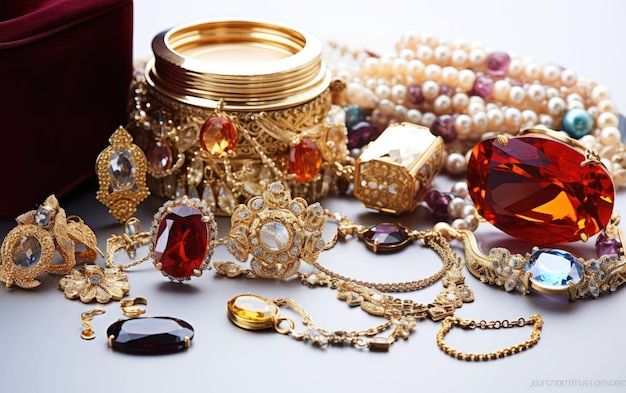 Exquisite Jewelry and Gems in Bazaar on White Background