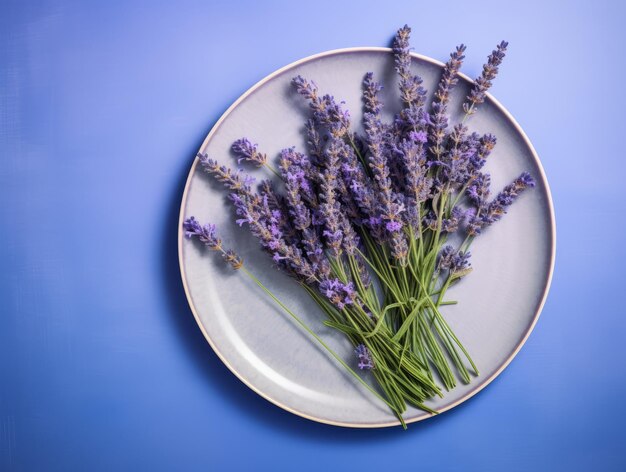 Foto squisiti fiori di lavanda artisticamente esposti su un piatto blu bellezza in semplicità