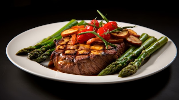 Photo exquisite lighting and bold contrast a stunning steak with aspa