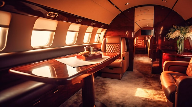 The exquisite luxury interior of a modern business jet bathed in warm sunlight