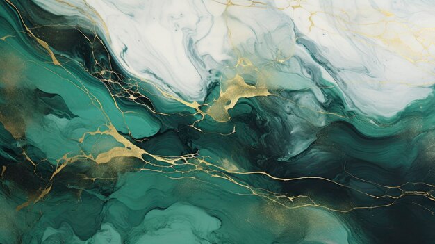 Exquisite marble ink abstract art with streaks of green white and gold ai generated
