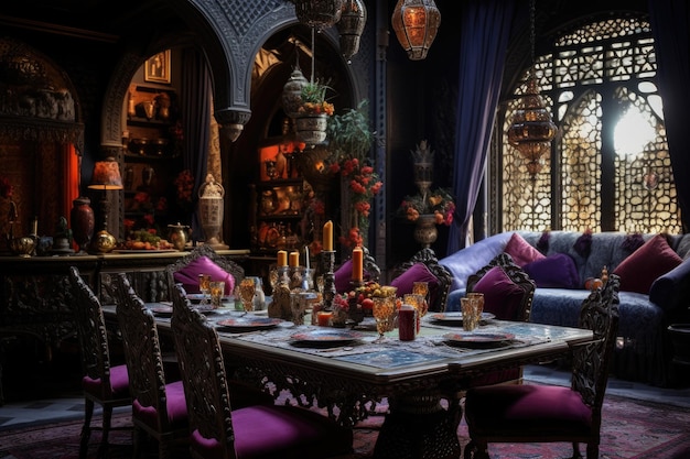 Exquisite Moroccan Bohemian Dining Room Interior with Opulent Jewel Tones and Ornate Patterns