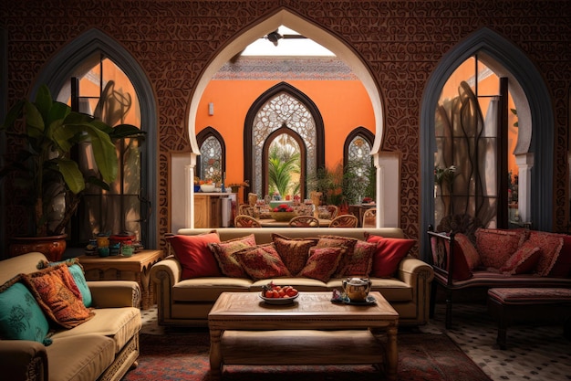 鮮やかな色彩と複雑なパターンで美しいモロッコ風のリビングルームインテリア