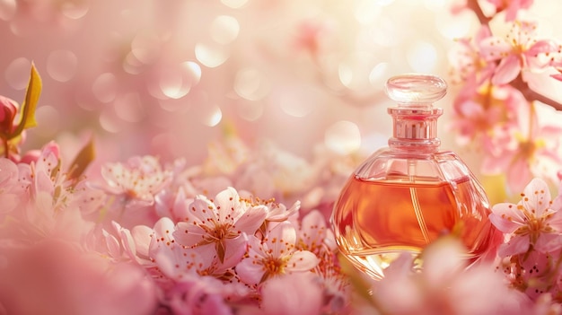 An exquisite perfume bottle nestled among delicate spring flowers against a soft pink backdrop
