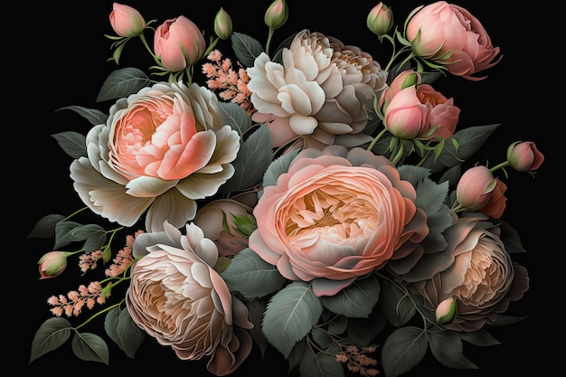 Exquisite pink flower bouquet peach roses on black background like as candies