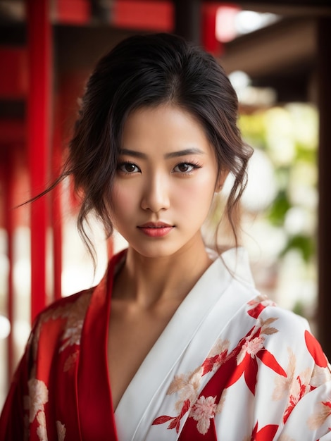 Foto un ritratto squisito di una graziosa donna giapponese elegantemente adornata in un vestito sbalorditivo
