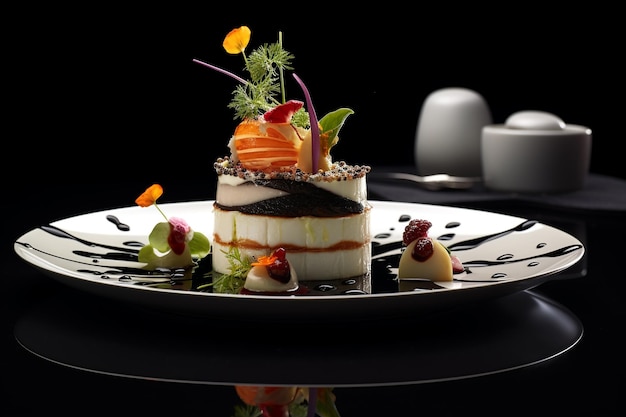 Photo exquisite serving restaurant plate luxury molecular dish with sliced veal meat on black backdrop