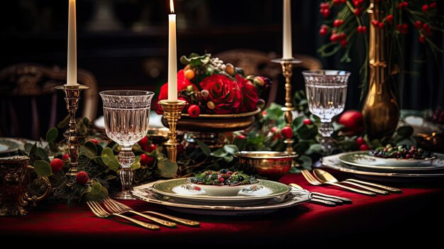 Tavola festiva dall'ambientazione squisita con bicchieri di cristallo di porcellana fine e fresca vegetazione invernale