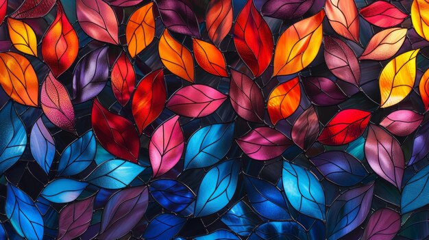 An exquisite stained glass window background artfully crafted with colorful abstract shapes that boast multidimensional shading The design is enriched with leaf patterns AI Generative