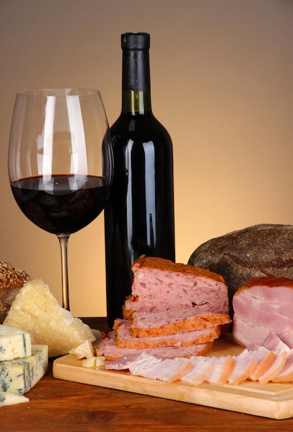 Exquisite still life of wine cheese and meat products