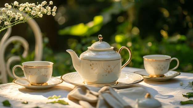 An exquisite tea set perfect for elegant gatherings is beautifully displayed on a charming garden table The sets fine china and intricate design add a touch of sophistication to any occa