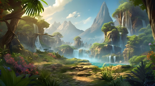 Exquisite Tropical Jungle Painting with Majestic Waterfall and Graceful Birds Generative AI