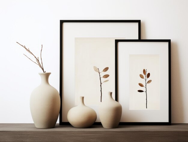 Exquisite Vase Collection and Chic Black Frame against a White Backdrop Elegant Minimalism