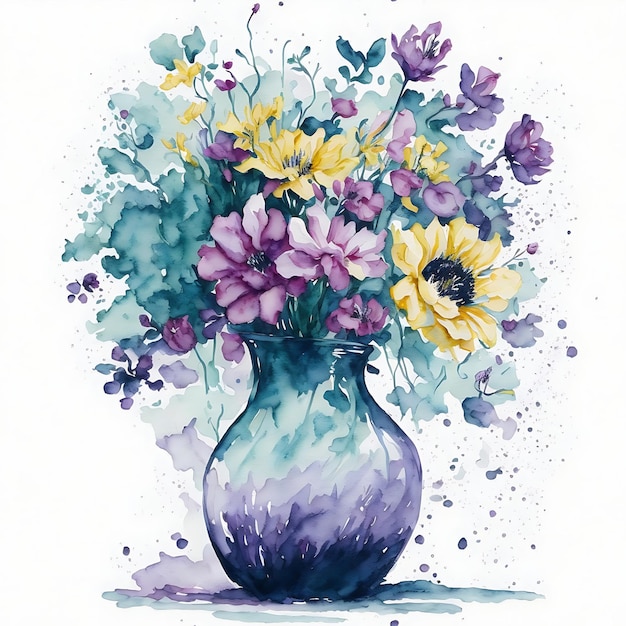 Exquisite Vase of Watercolor Flowers on White Background Scattered and Shadowed