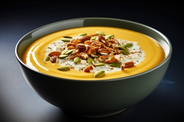 Exquisite vegan pumpkin smoothie bowl garnished isolated on a gradient background