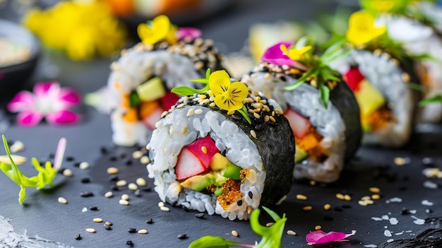 Exquisite Vegan Sushi Rolls A professional photograph capturing exquisite vegan sushi rolls filled with colorful vegetables avo AI generated illustration