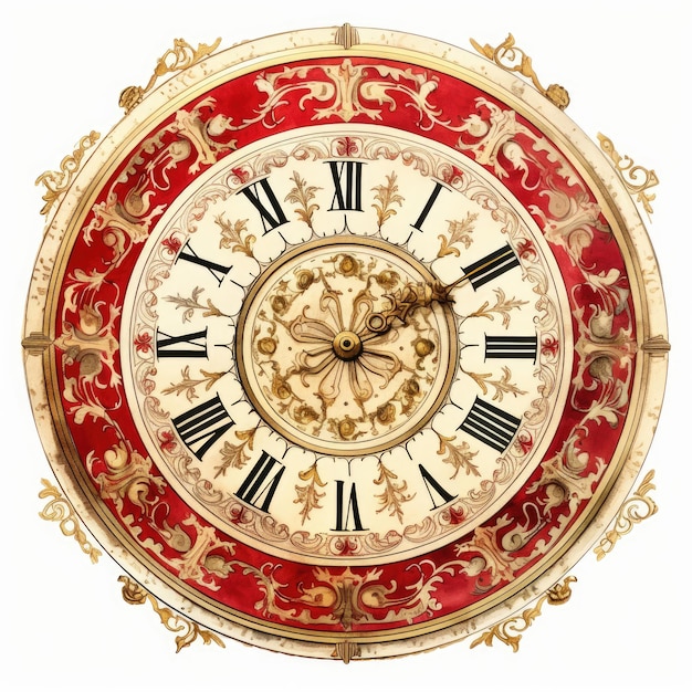 Exquisite Vintage Clock Face Dial Captivating Red and Gold Sticker Design in Watercolor and Ink