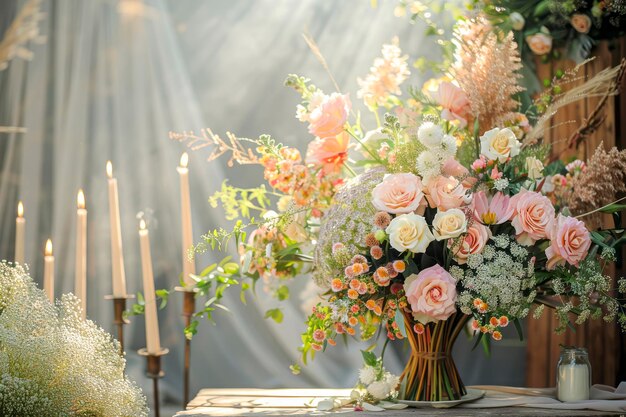 Photo exquisite wedding scene design lush florals elegant greens and sophisticated morandi tones for a highend celebration