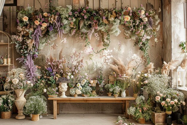 Photo exquisite wedding scene design luxurious florals elegant greenery and sophisticated morandi tones for a highend atmosphere