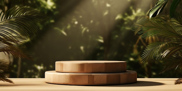 Exquisite Wooden Product Display Podium Amidst Enchanting Jungle Forest with Sunlit Shadows