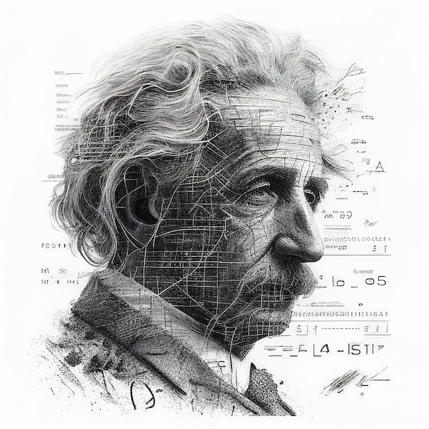 Exquisitely detailed skyline of Einstein's face in black and white enhanced with intricate physical calculations on a clean white background perfect for scientific or educational stock images