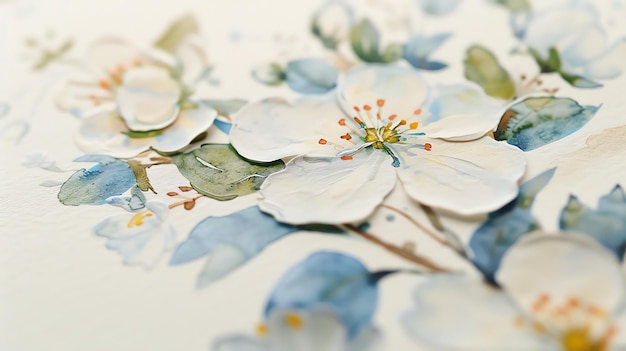 Прекрасно детализированная акварельная картина из нежных белых и голубых цветов