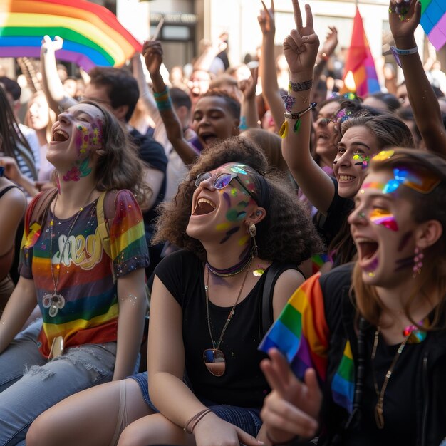 Extatische jonge mensen vieren op een Pride-parade versierd met regenboogkleuren en levendige gezichtsverf onder een zonnige hemel