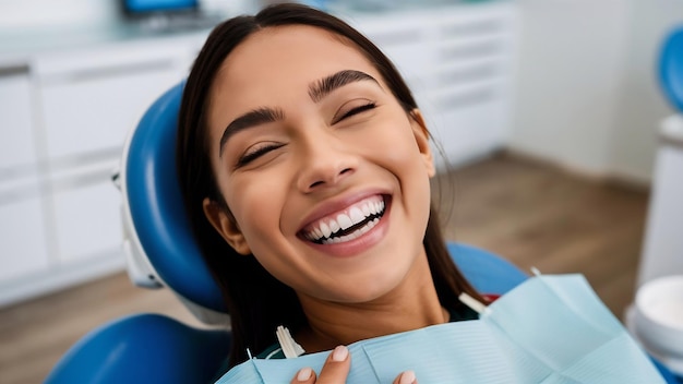 Extatische jonge vrouw lacht wijd terwijl ze op de tandartsstoel zit close-up foto met kopie sp