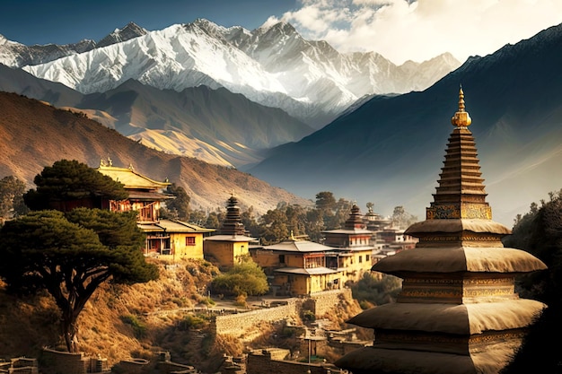 Extensive landscape of nepal with buddhist old temple against background of mountains created with g