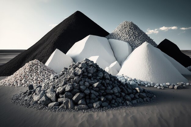 Extensive mounds and stacks of white gray and black sand gravel and crushed stone